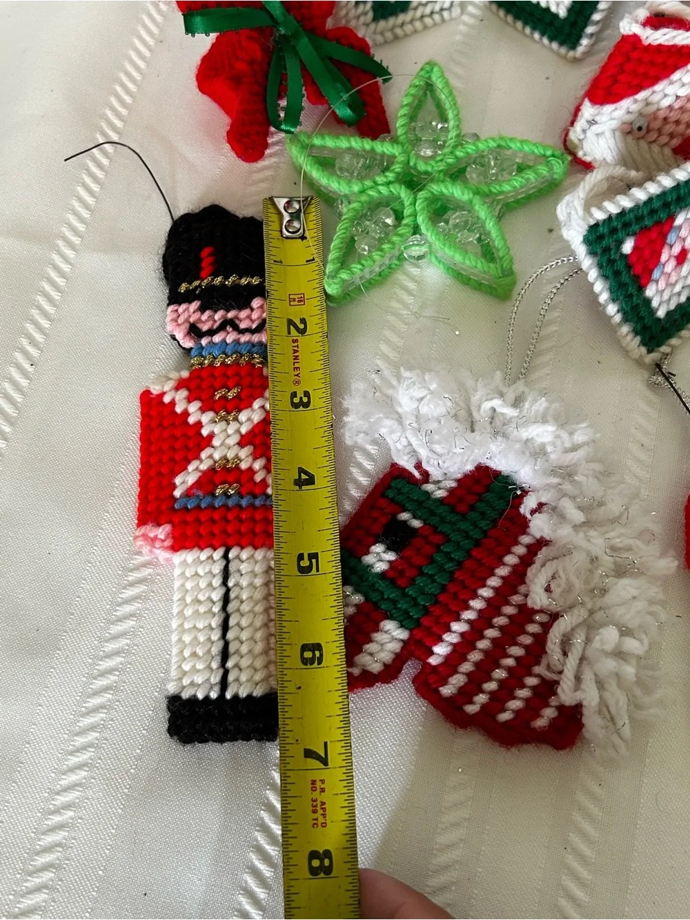 Vintage Plastic Canvas Christmas Ornament Set Santa Elf Angel Spice Box Candle